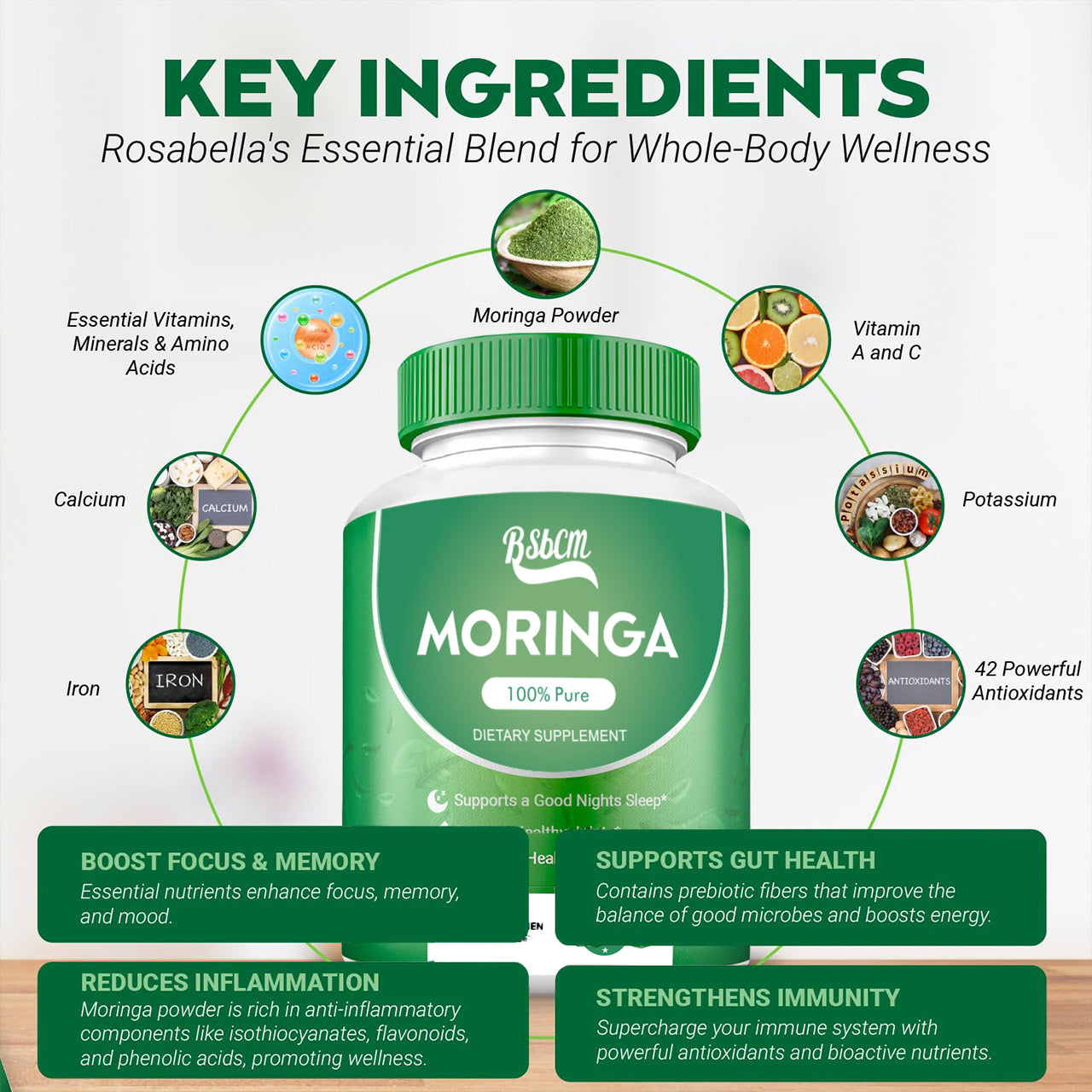 Pure Moringa Capsules – Energy, Skin & Gut Support
Nutrient-rich superfood with vitamins, minerals & amino acids. 60-count.