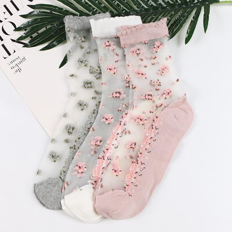 (4) Transparent Ice Silk Crystal Floral Cotton Socks