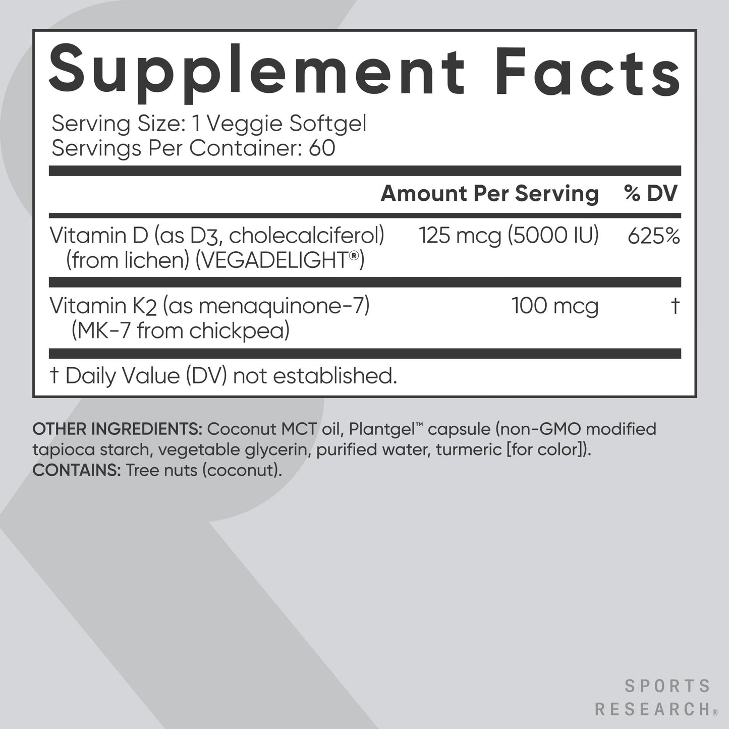 Vegan Vitamin D3 + K2 – 5000 IU
Bone, heart & immune support with plant-based D3, K2 MK-7 & coconut oil.