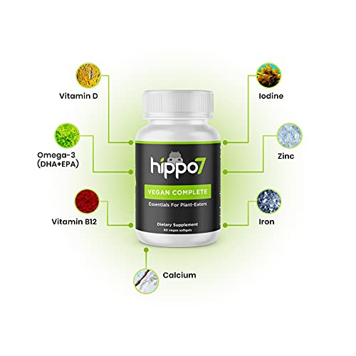 Hippo7 Vegan Multivitamin – B12, D, DHA, Iron, Zinc, 60 Softgels
