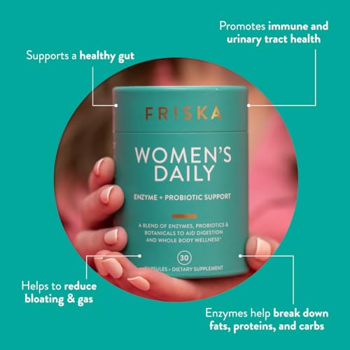 FRISKA Women’s Daily Digestive Enzyme and Probiotics Supplement, Advanced Natural Support for Female Digestive Health, Fights Bloating, Eases Digestion, Supports Nutrient Absorption, 90 Capsules