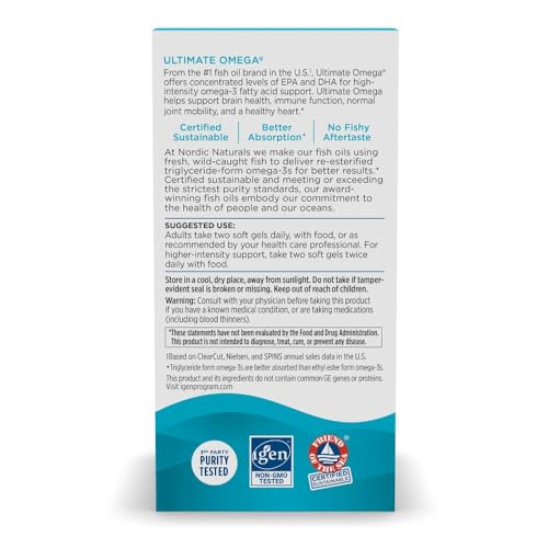 Nordic Naturals Ultimate Omega, Lemon Flavor - 120 Soft Gels - 1280 mg Omega-3 - High-Potency Fish Oil Supplement with EPA & DHA - Promotes Brain & Heart Health - Non-GMO - 60 Servings