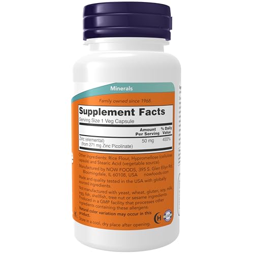 NOW Foods Supplements, Zinc Picolinate 50 mg, Supports Enzyme Functions*, Immune Support*, 120 Veg Capsules (Packaging may vary)