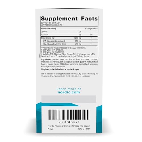 Nordic Naturals Ultimate Omega, Lemon Flavor - 90 Soft Gels - 1280 mg Omega-3 - High-Potency Omega-3 Fish Oil Supplement with EPA & DHA - Promotes Brain & Heart Health - Non-GMO - 45 Servings