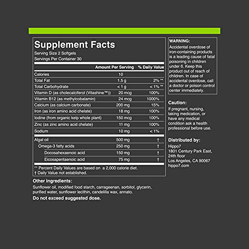 Hippo7 Vegan Multivitamin – B12, D, DHA, Iron, Zinc, 60 Softgels