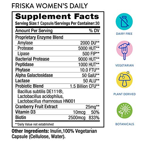 FRISKA Women’s Daily Digestive Enzyme and Probiotics Supplement, Advanced Natural Support for Female Digestive Health, Fights Bloating, Eases Digestion, Supports Nutrient Absorption, 90 Capsules