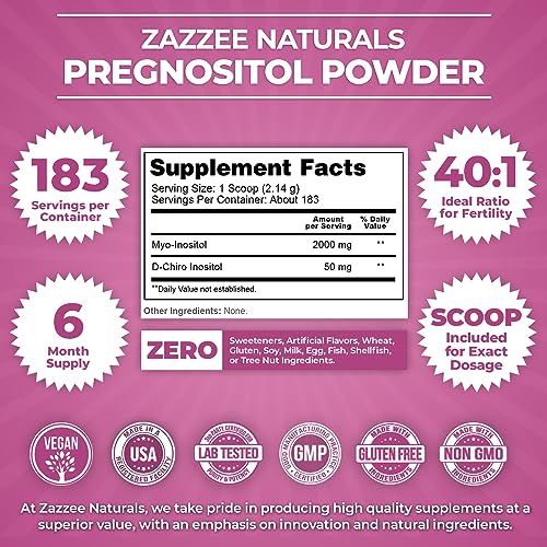 Zazzee PREGNOSITOL Powder, 6 Month Supply, Myo-Inositol and D-Chiro-Inositol 40:1 Fertility Blend, Free Scoop for Exact Dosage, Premium Balanced Formula, 183 Servings, Vegan, All-Natural and Non-GMO