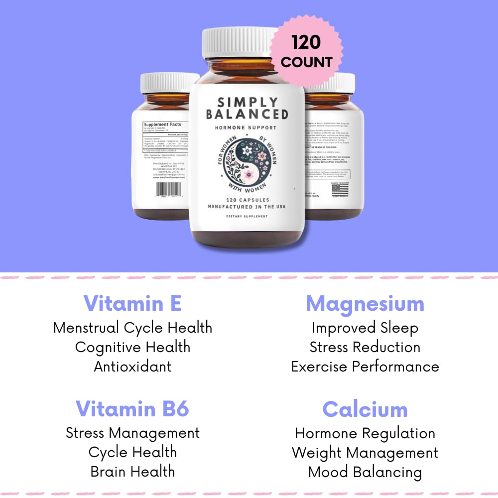 Simply Balanced - Hormone Balance for Women - Restore Hormone Harmony - PMDD Supplements for Women - Perimenopause - Menopause - PMS - PCOS Supplements - Estrogen Supplement - 120 ct