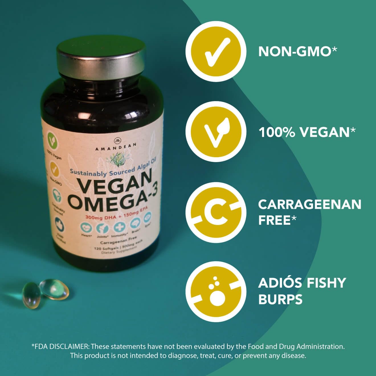 AMANDEAN Vegan Omega-3 – Algae DHA & EPA, Heart & Brain Health, 120 Ct