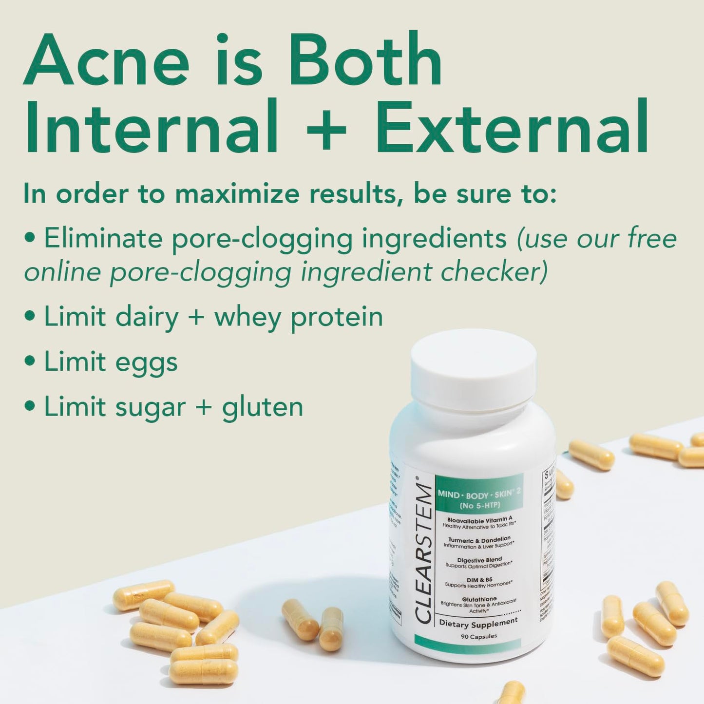 CLEARSTEM MINDBODYSKIN – Hormonal Acne Supplement, Vegan, 90 Ct