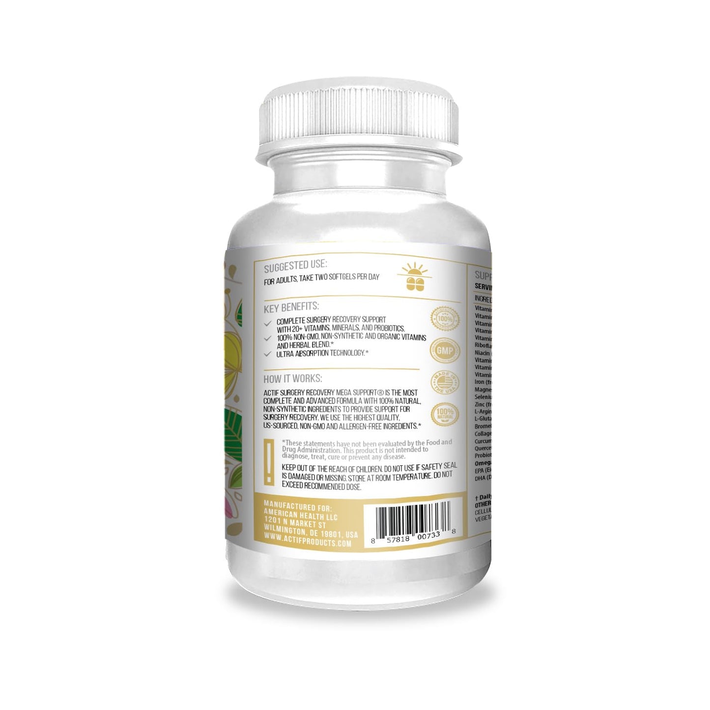 ACTIF Surgery Recovery Supplement with 20+ Advanced Factors and Omega-3 – Non GMO, Made in USA, 90 Count Double Chlorella Factor + Zinc