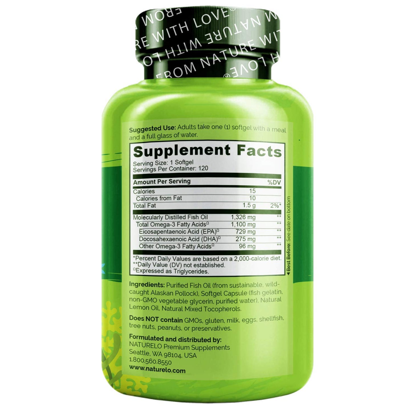NATURELO Burpless Omega-3 Fish Oil – 1100mg EPA DHA, 120 Softgels