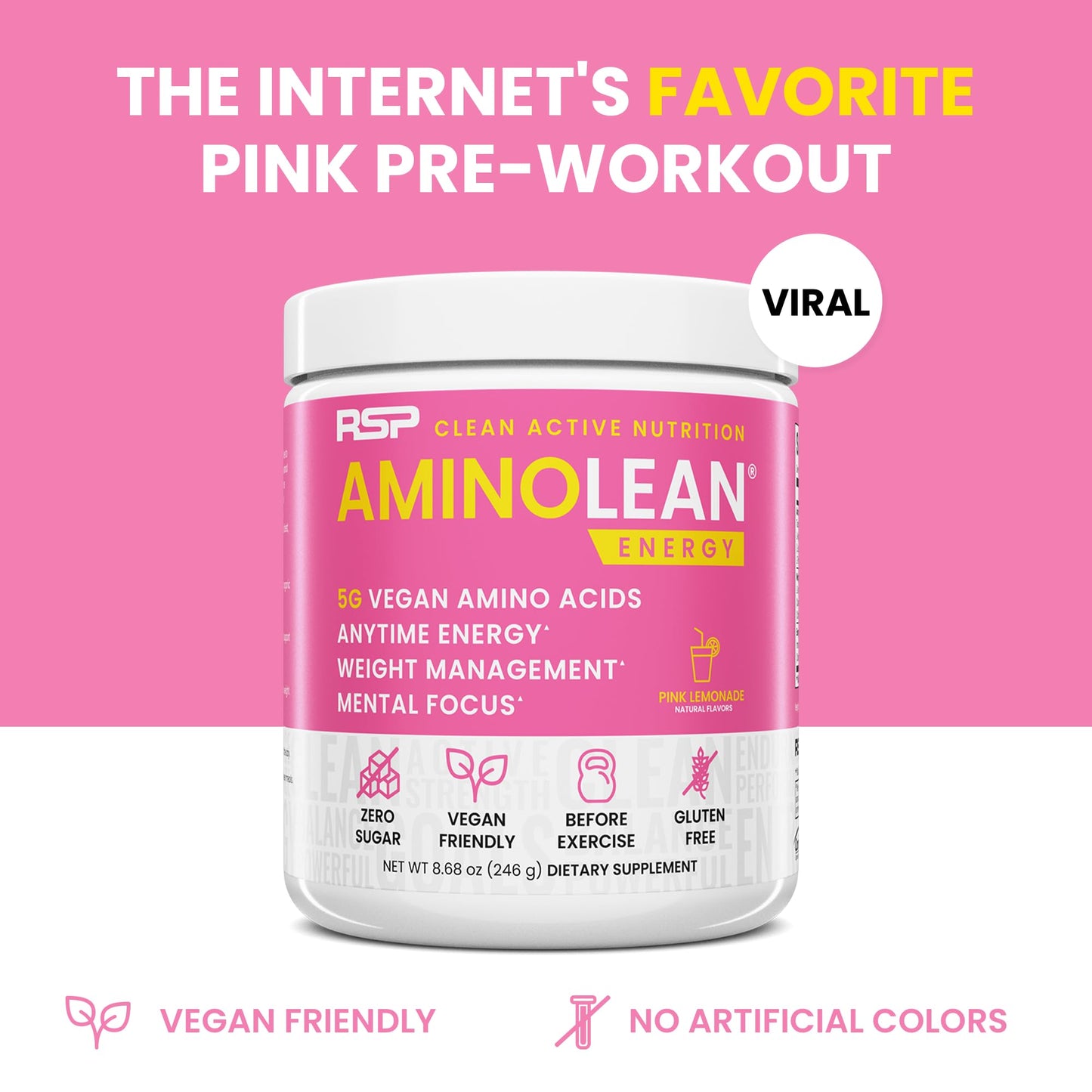 AminoLean Pre Workout – Energy & Weight Support, Pink Lemonade, 30 Ct