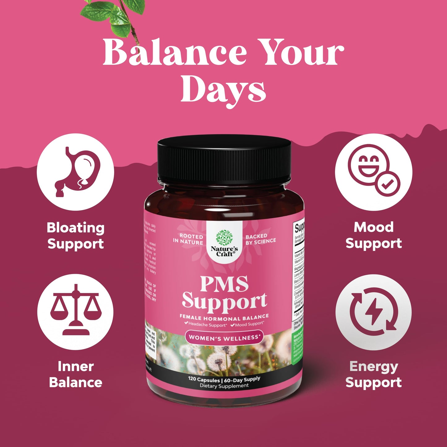 PMS Support Supplement for Women – Hormone Balance for Women & Menstrual Discomfort with DIM, Chasteberry, Black Cohosh & Ashwagandha - for Period Cramps Ease, Menopause Bloating, Mood Swing – 120 Ct