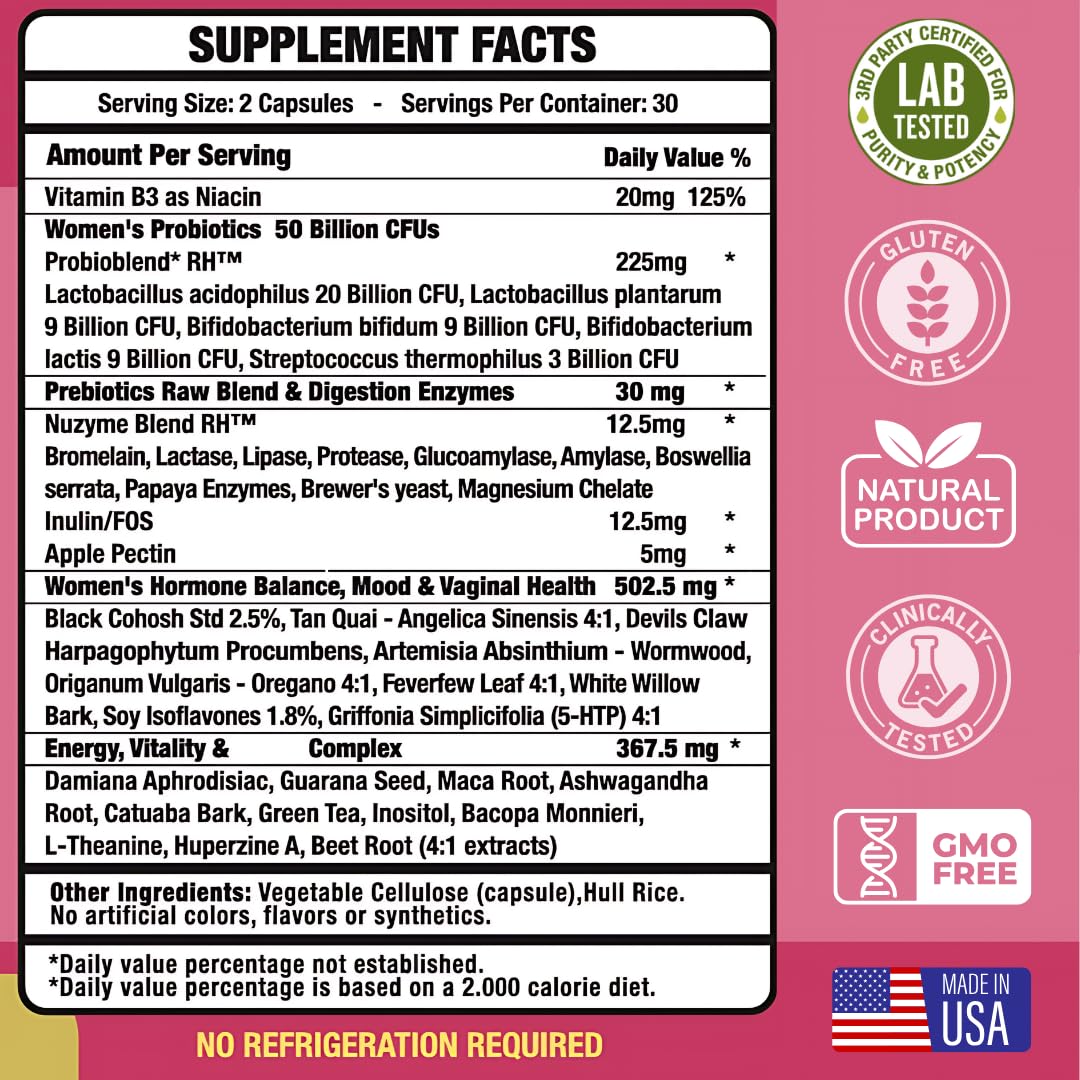 Lovely Menopause Supplement + Hormone Balance + Weight Management, Hot Flashes, Mood Swings, Vaginal Health & Dryness | Black Cohosh, Dong Quai, Ashwagandha + Probiotics, Woman Supplement, 60 ct
