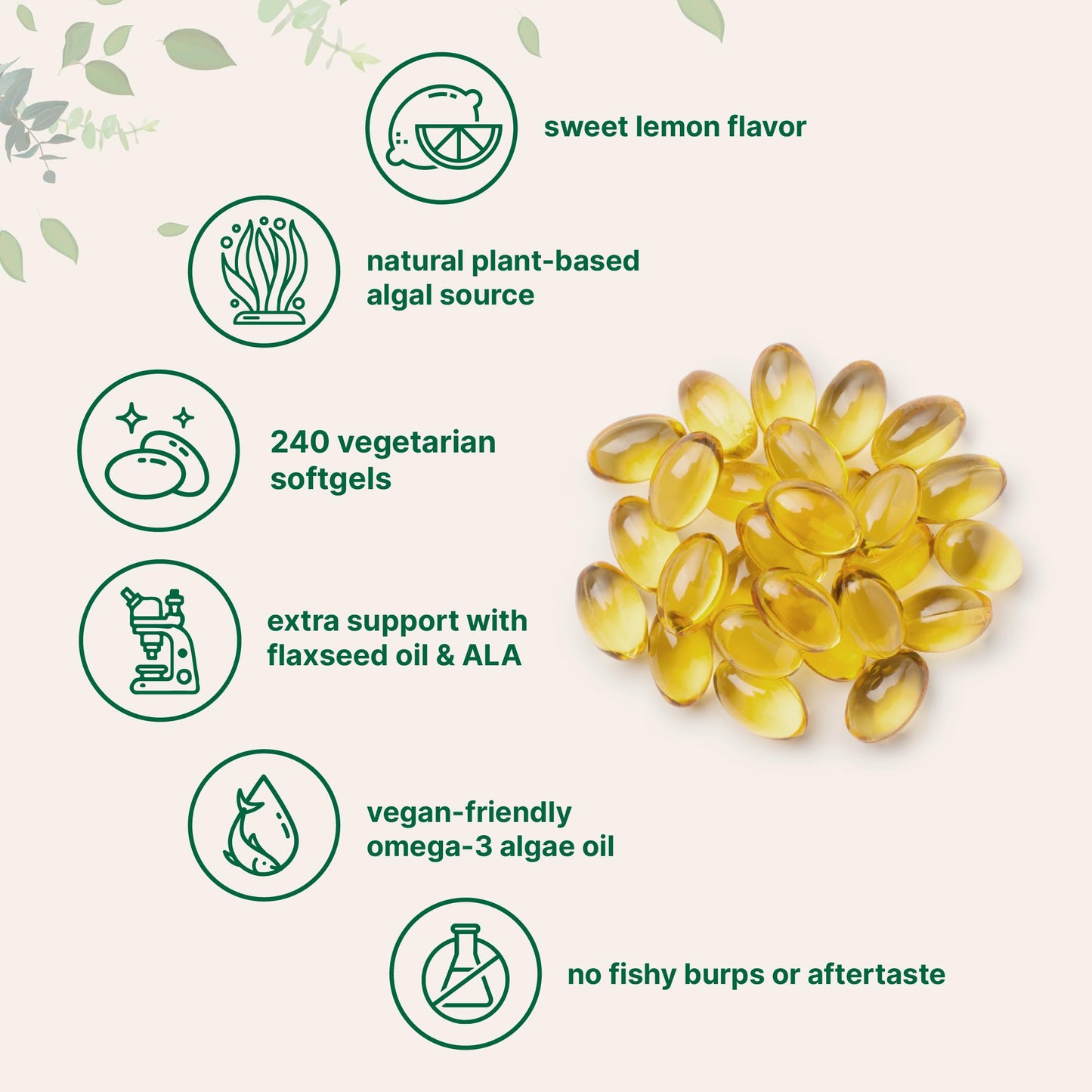 Micro Ingredients Vegan Omega-3 – DHA DPA ALA, Algae Oil, Lemon, 240 Ct