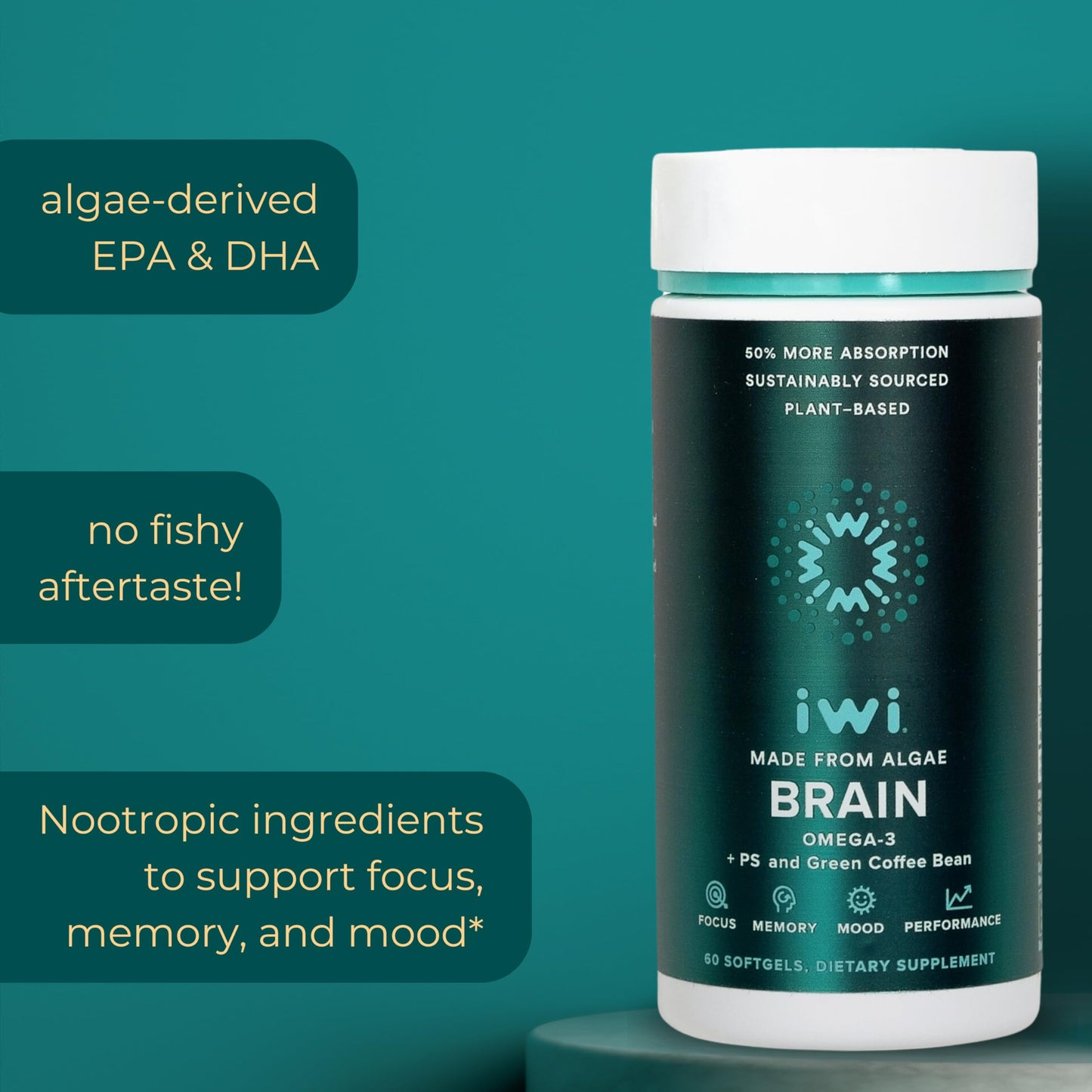 iwi life Brain Omega-3 – Vegan Algae DHA & EPA for Focus & Memory Support