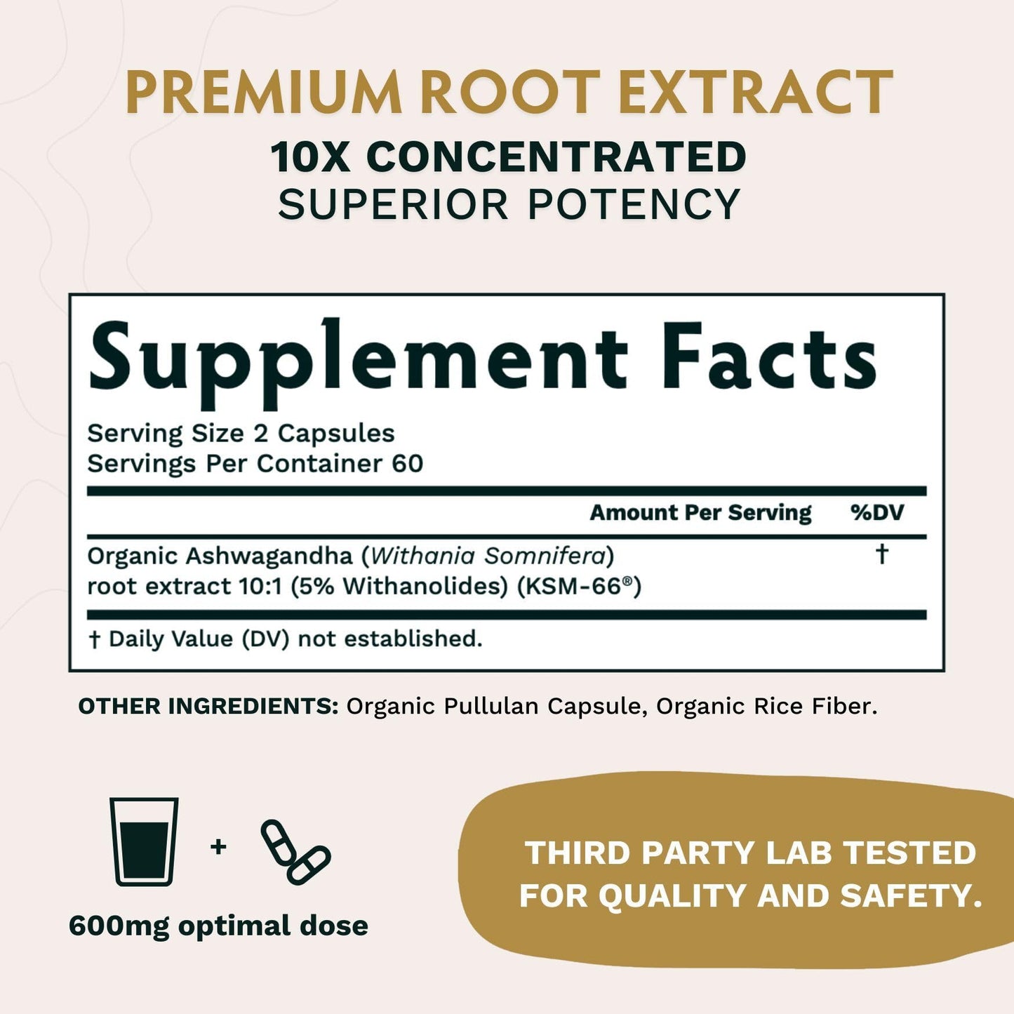 TRIBE ORGANICS Ashwagandha KSM 66 Pure Organic Root Powder Extract Ayurvedic Supplement - Focus, Mood Support, Increase Energy, Strength, 600mg of Natural KSM66 for Superior Absorption - 120 Capsules