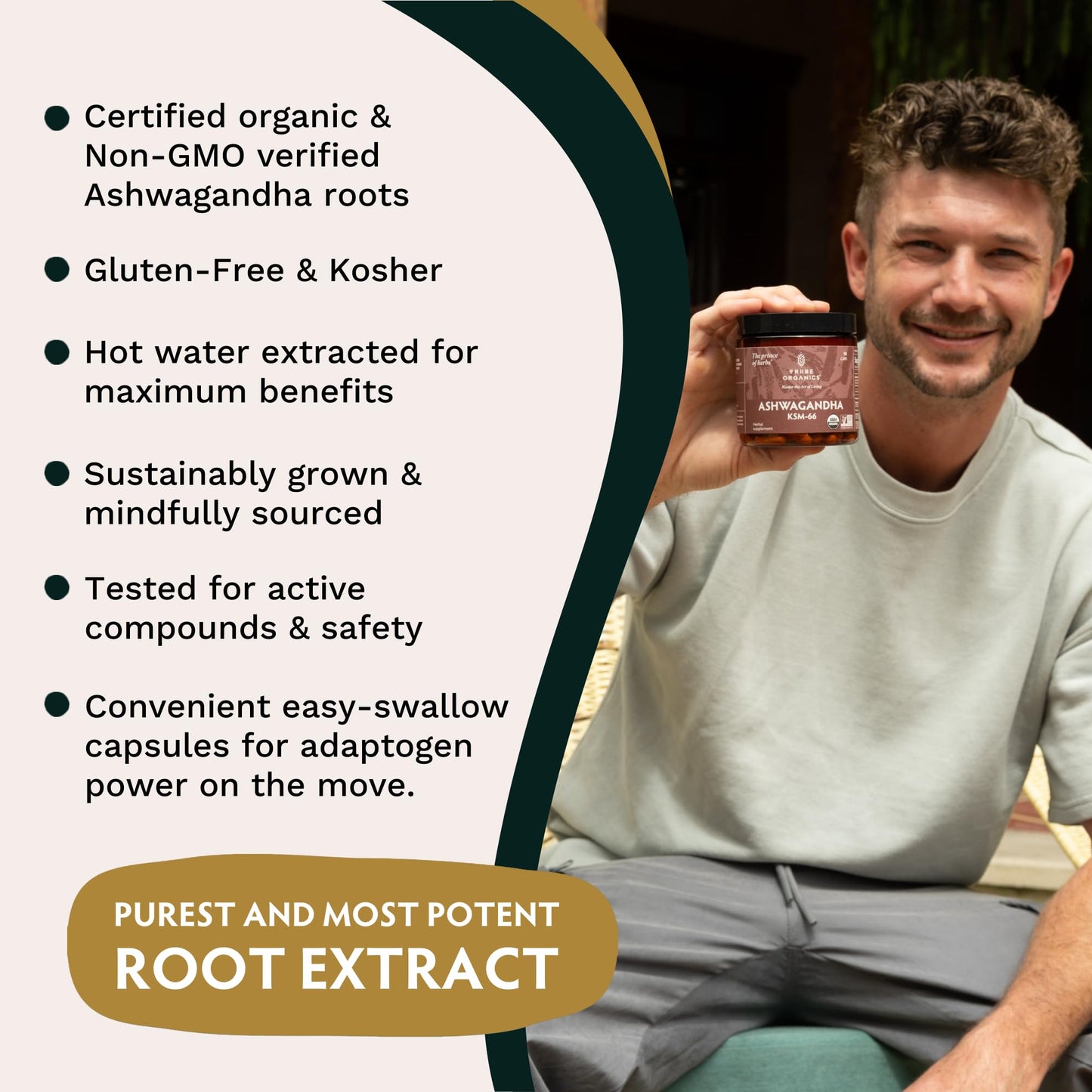 TRIBE ORGANICS Ashwagandha KSM 66 Pure Organic Root Powder Extract Ayurvedic Supplement - Focus, Mood Support, Increase Energy, Strength, 600mg of Natural KSM66 for Superior Absorption - 120 Capsules