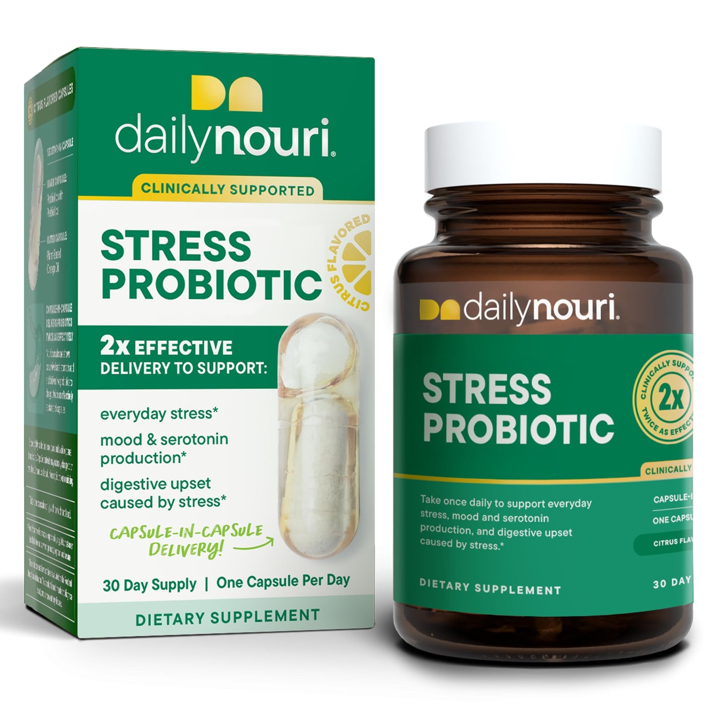 Daily Nouri Stress Probiotic | for Cortisol Management, Digestion, Daily Stress Relief & Gut Microbiome Health | 3 Probiotic Strains & Vegan Ahiflower Omega Oil | for Women & Men | 30-Day Supply