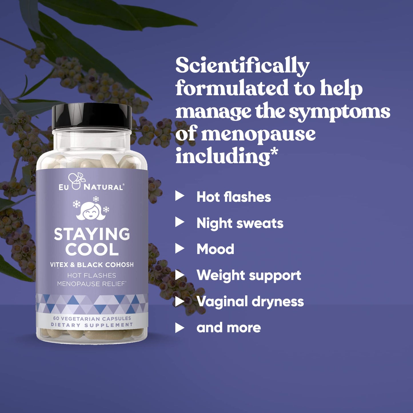 Eu Natural Staying Cool Menopause Supplements for Women – Hormonal Hot Flash Relief, Weight Support, & Night Sweats – Vitex Chaste Tree & Black Cohosh – 60 Vegetarian Soft Capsules