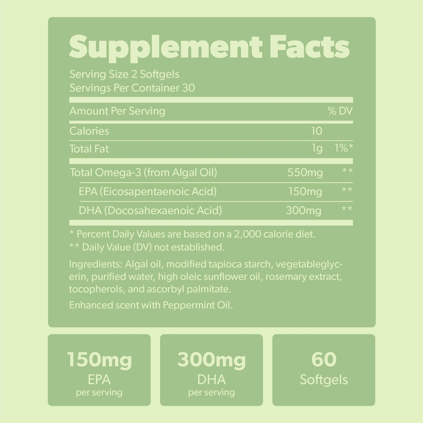 Vegan Omega 3 – DHA & EPA from Algae – Brain & Heart Support – 60 Ct