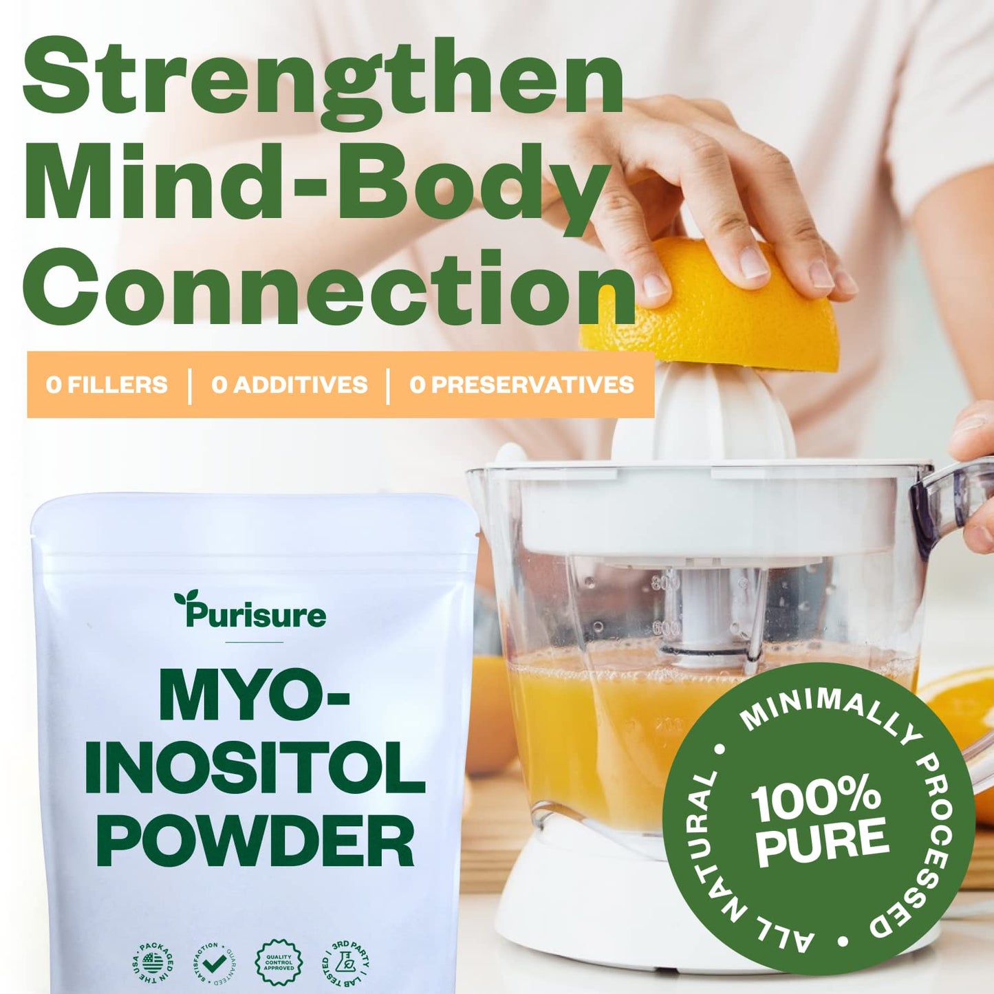 Purisure Myo-Inositol Powder, 250g, Fertility, Hormonal Balance and Ovarian Support, Pure Inositol Powder, Myo Inositol Supplement to Support Energy and Brain Wellness, Vegan, Non-GMO, 500 Servings