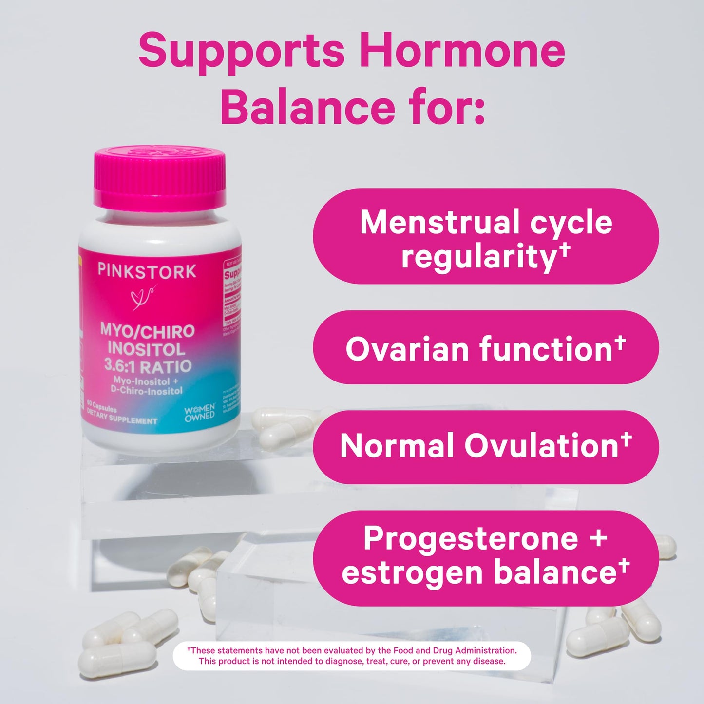 Pink Stork Myo-Inositol & D-Chiro Inositol: 3.6:1 Blend to Support Fertility, Hormone Balance for Women - Ovarian Function, Ovulation, Conception, and Period Support Supplement - 60 Capsules