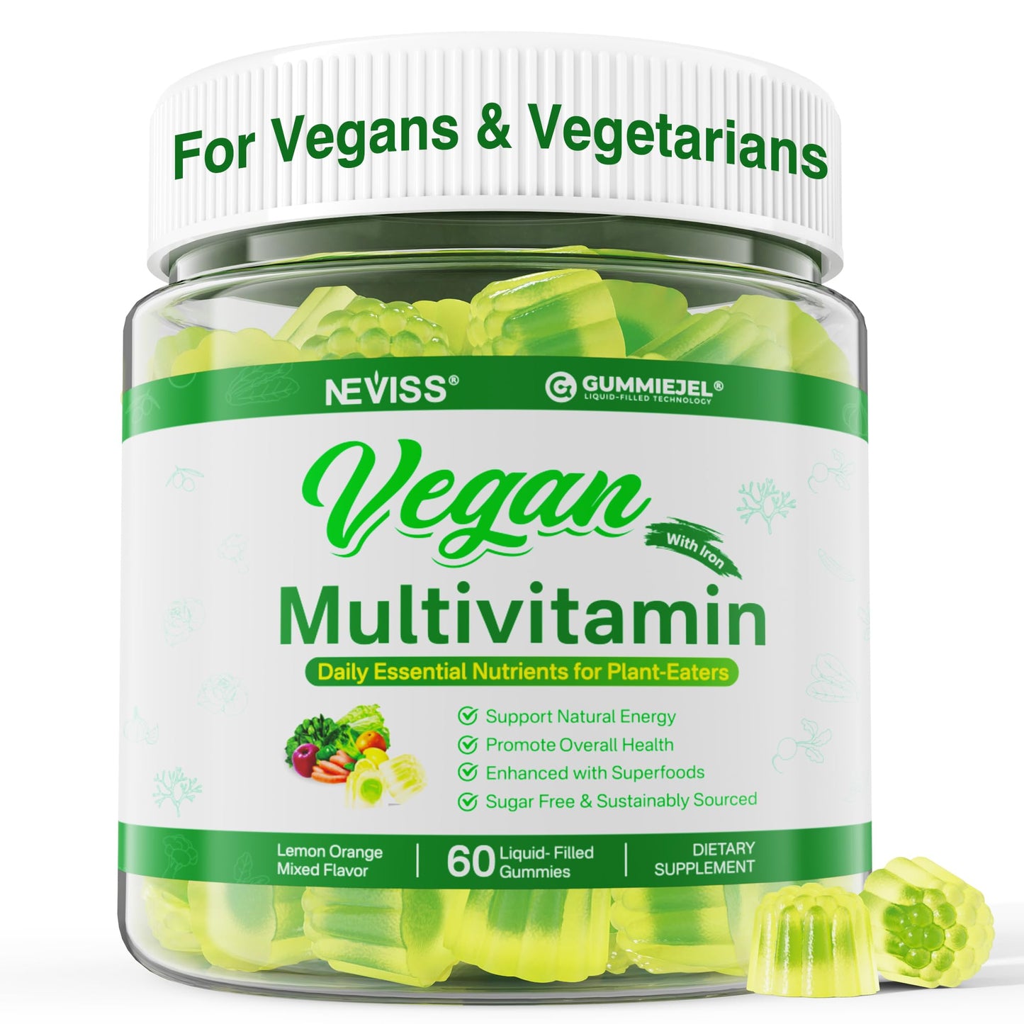 Vegan Multivitamin Gummies – Omega 3, B12, D3, Iron – 60 Count