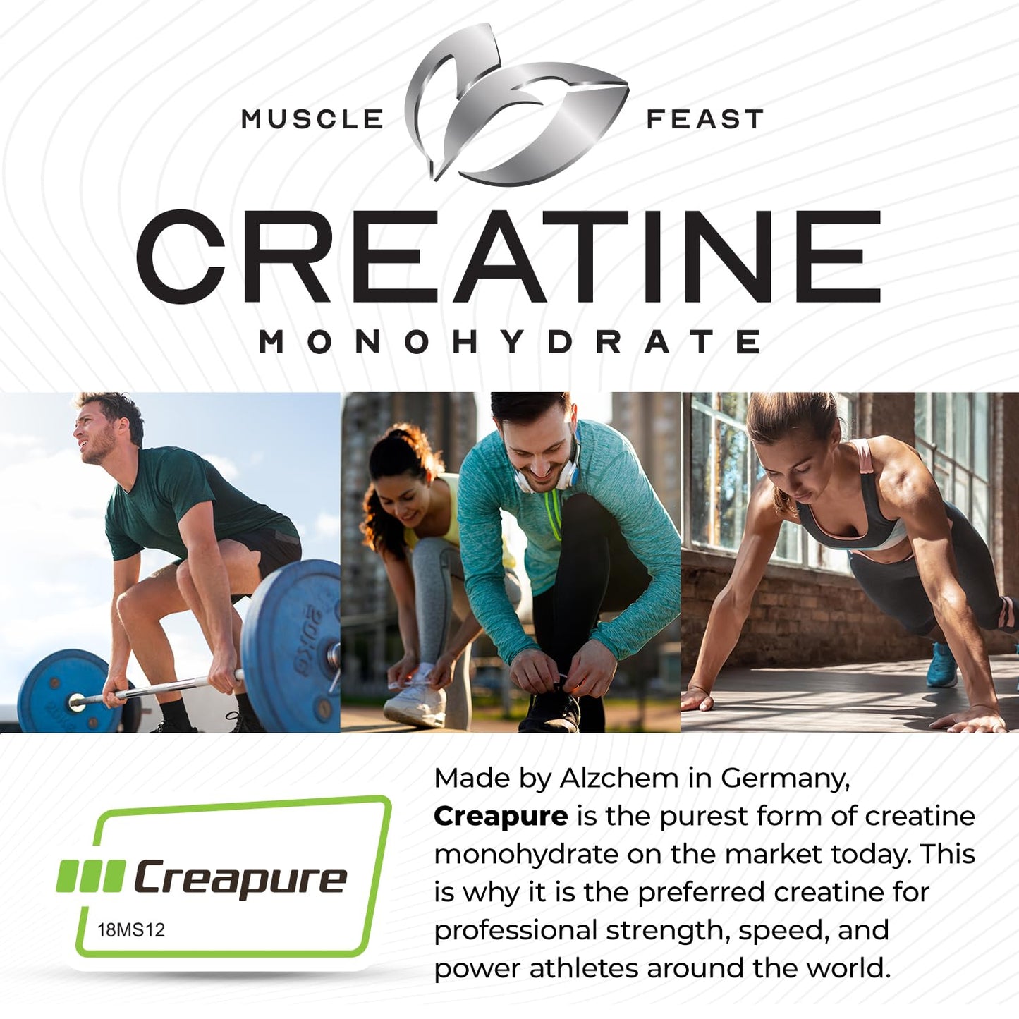 Muscle Feast Creapure Creatine Monohydrate Powder, Vegan Keto Friendly Gluten-Free, Mass Gainer, Muscle Recovery Supplement and Best Creatine for Muscle Growth, Unflavored, 300g