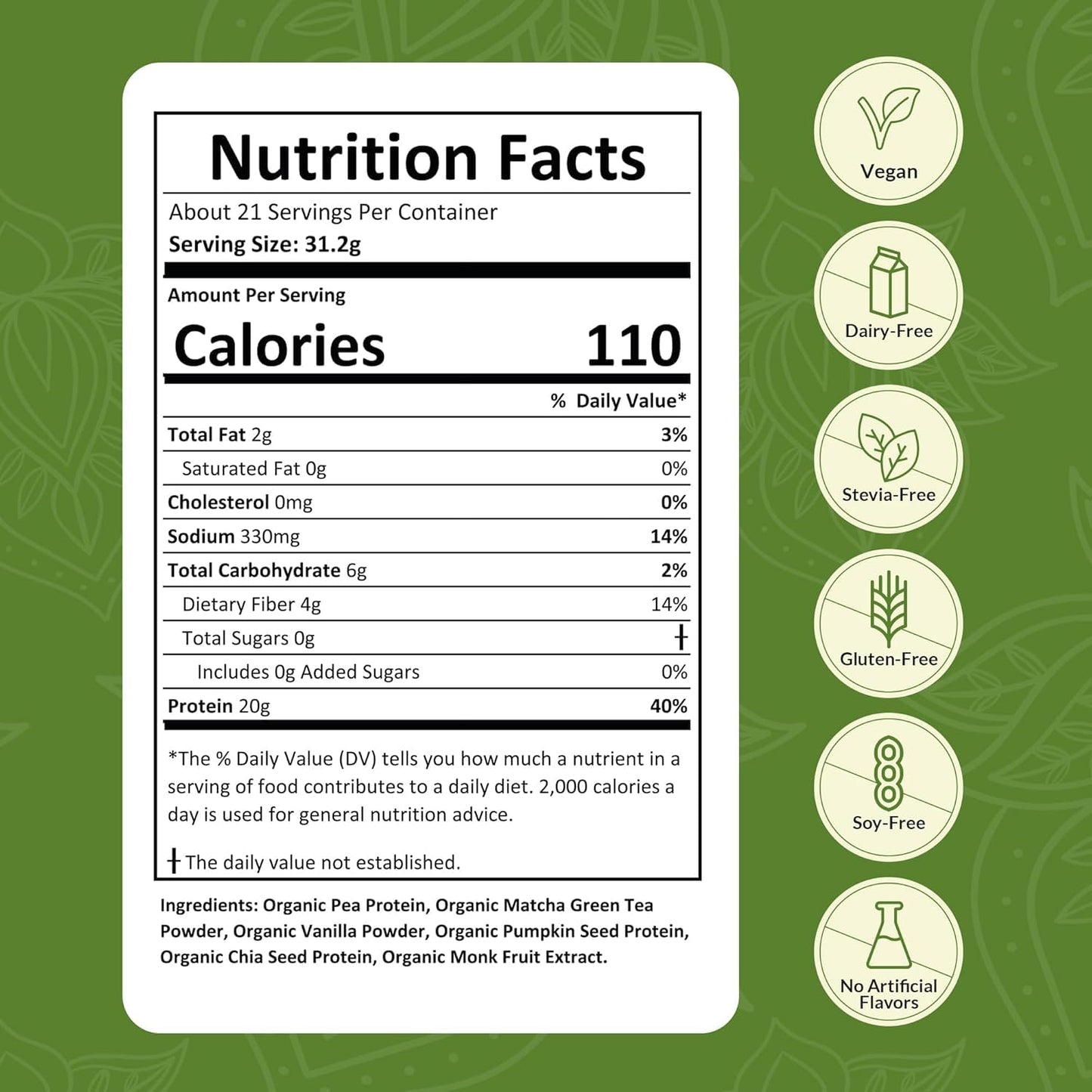 NUTRAPULSE Organic Vegan Protein Powder – Matcha Flavor, Plant-Based, Gluten-Free, Non-GMO, 20g Protein Per Serving, Ideal for Smoothies, Shakes, Baking, Cooking (1 Pack, 20 Servings)