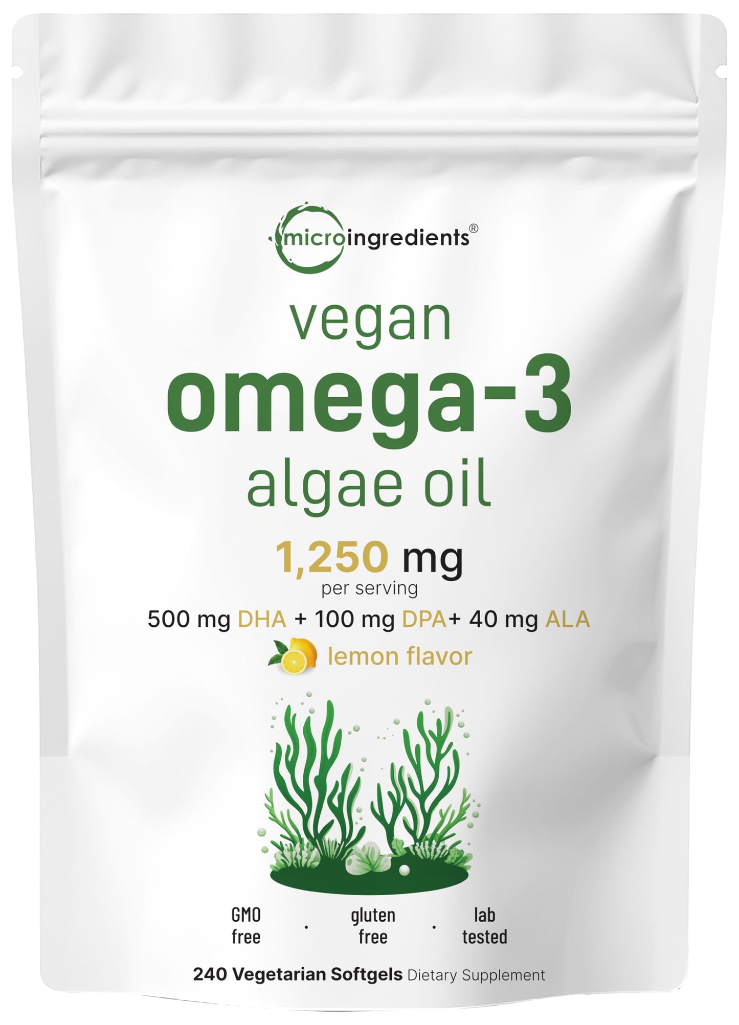 Micro Ingredients Vegan Omega-3 – DHA DPA ALA, Algae Oil, Lemon, 240 Ct