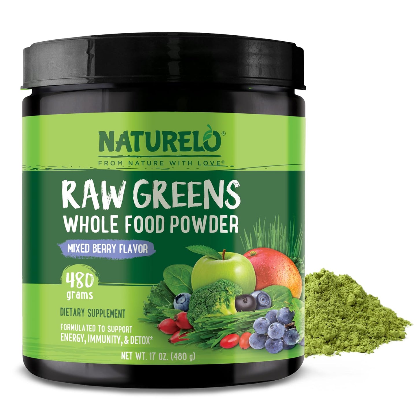 NATURELO Raw Greens Superfood Powder – Mixed Berry, Organic, 480g
