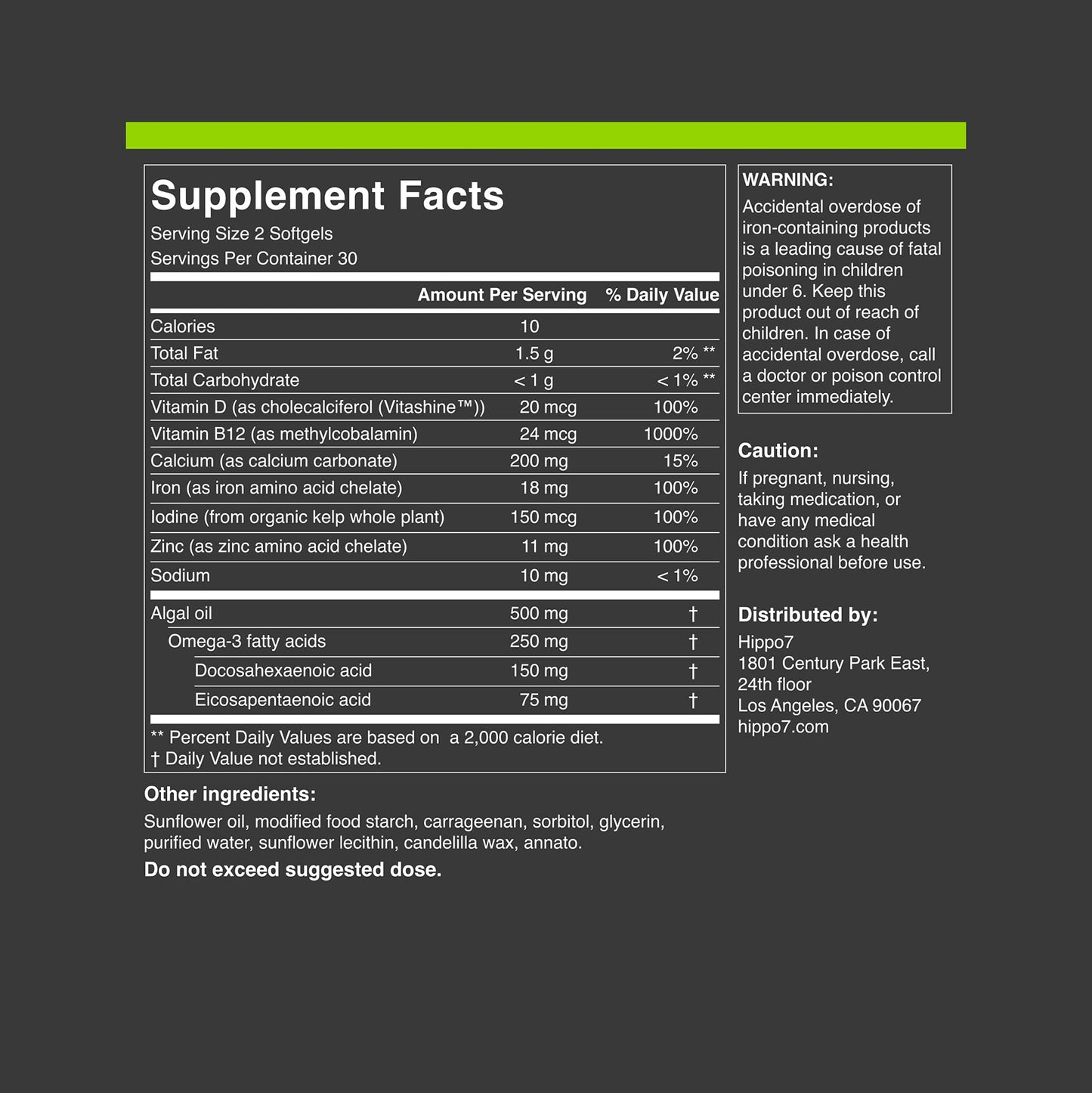 Hippo7 Vegan Multivitamin – B12, D3, Omega-3, Iron, Zinc & More