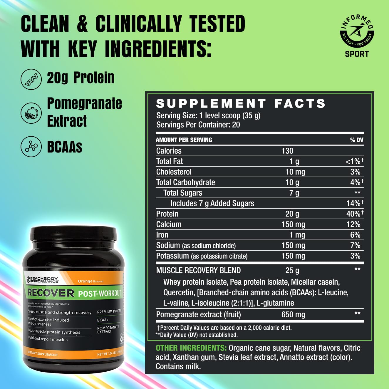 BODi Recover Whey Protein Powder Blend– Post-Workout Orange Whey Supplement for Muscle Recovery with 20g Protein, BCAAs, Pomegranate Extract - Fast Recovery - 20 Serving Tub