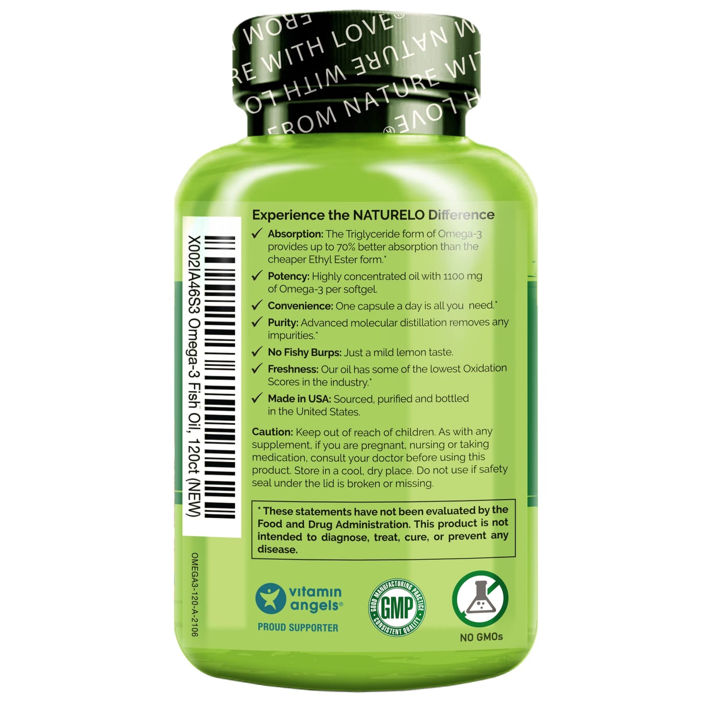 NATURELO Burpless Omega-3 Fish Oil – 1100mg EPA DHA, 120 Softgels