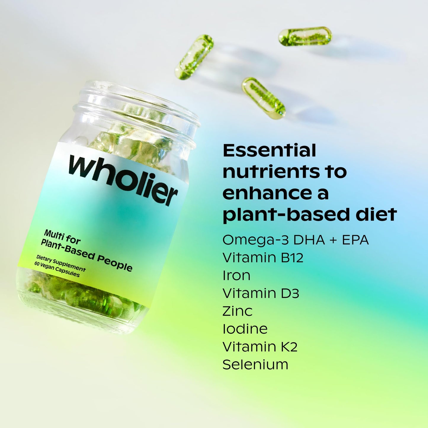 wholier Plant-Based Multivitamin – Vegan Omega-3, B12, D3, K2, Iron Support