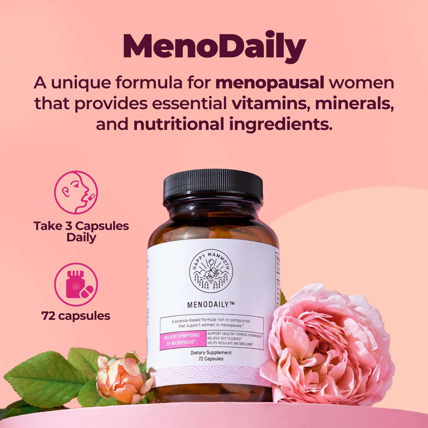 Happy Mammoth Meno Daily Menopause Vitamins & Supplements for Women (*Not Hormone Harmony), Boost Metabolism, Healthy Skin, Hair and Nails, Hot Flash, Mood Support, 72 Caps