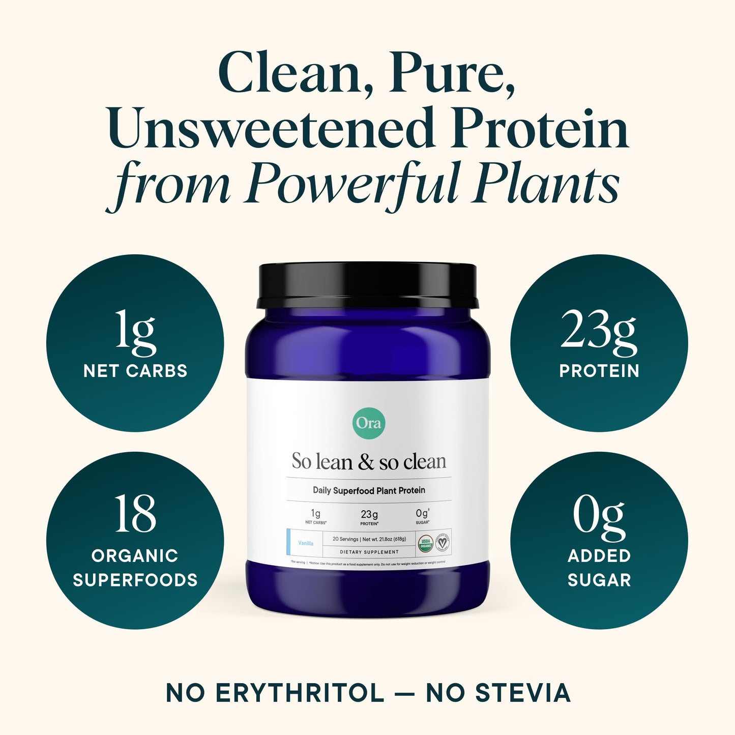 Ora Organic Vanilla Protein - Plant-Based, Gluten-Free, Vegan, 23g, 20 Servings