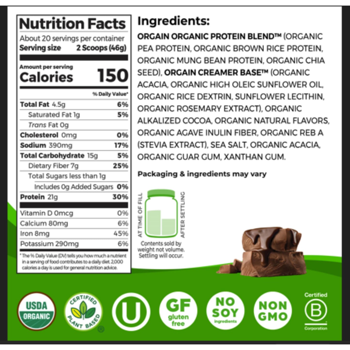 Orgain Vegan Protein – Creamy Chocolate Fudge, 21g Protein, 2.03 lb