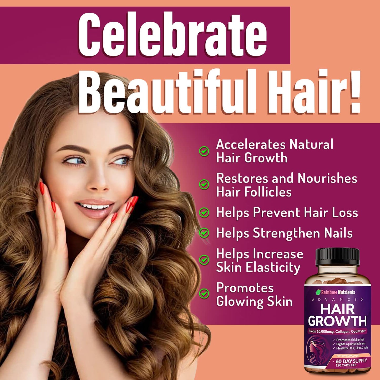 Hair Growth Vitamins for Women – Biotin, Collagen, MSM – 60 Day Supply