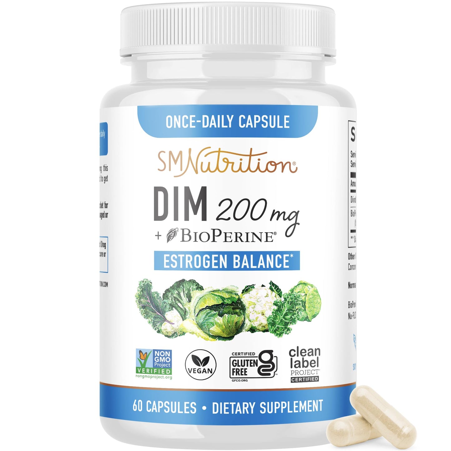 DIM Supplement 200 mg | Estrogen Balance for Women & Men | Hormonal Acne, Hormone Balance, Menopause & Antioxidant Support | Clean Label Project Certified, Vegan & Soy Free Diindolylmethane | 60 Ct.