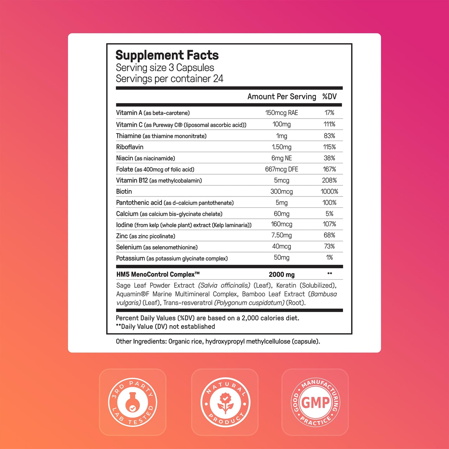 Happy Mammoth Meno Daily Menopause Vitamins & Supplements for Women (*Not Hormone Harmony), Boost Metabolism, Healthy Skin, Hair and Nails, Hot Flash, Mood Support, 72 Caps