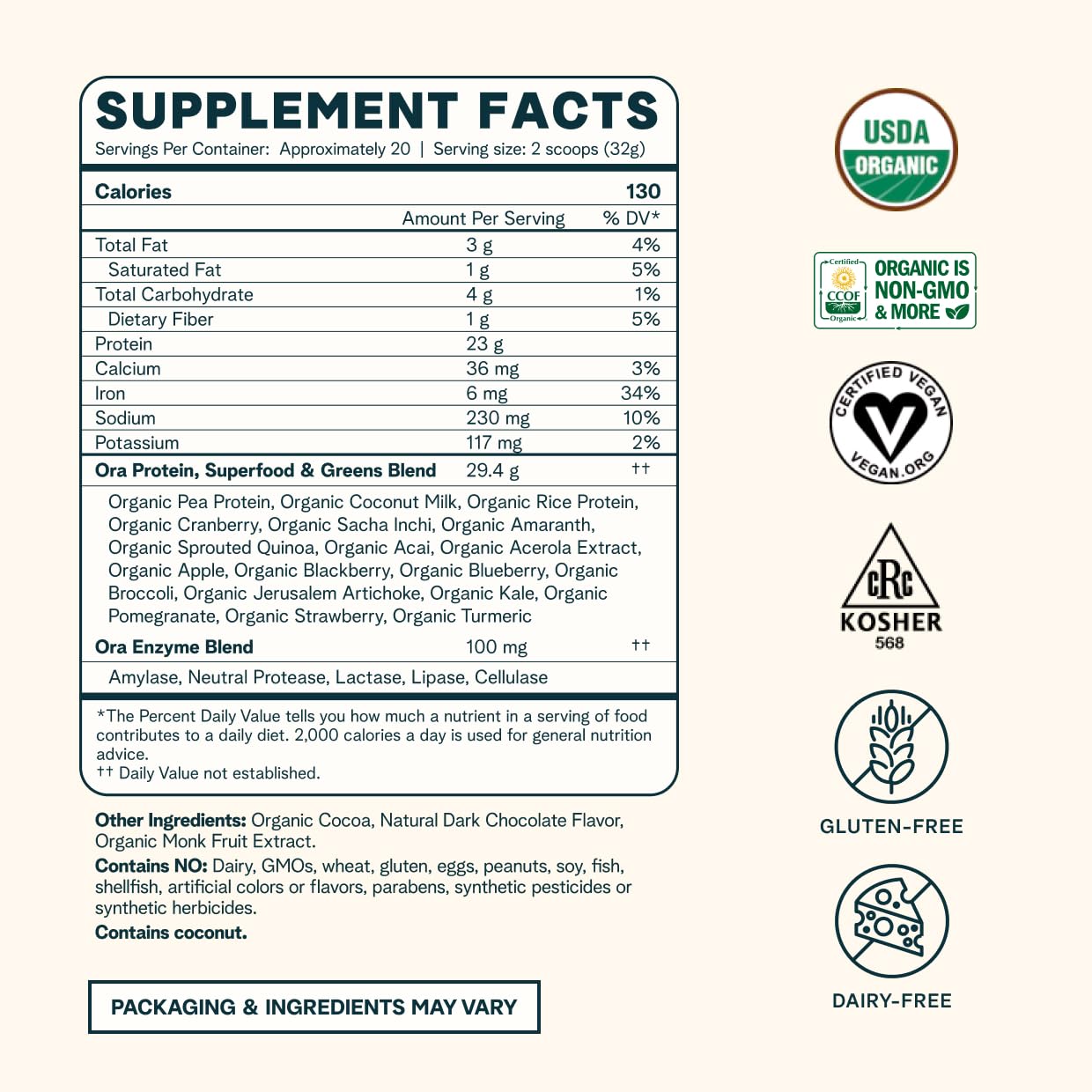 Ora Vegan Protein Powder – Chocolate, 23g Plant Protein – 20 Servings
Chocolate Flavor | 23g Plant Protein | Organic | Bloat-Free | 20 Servings