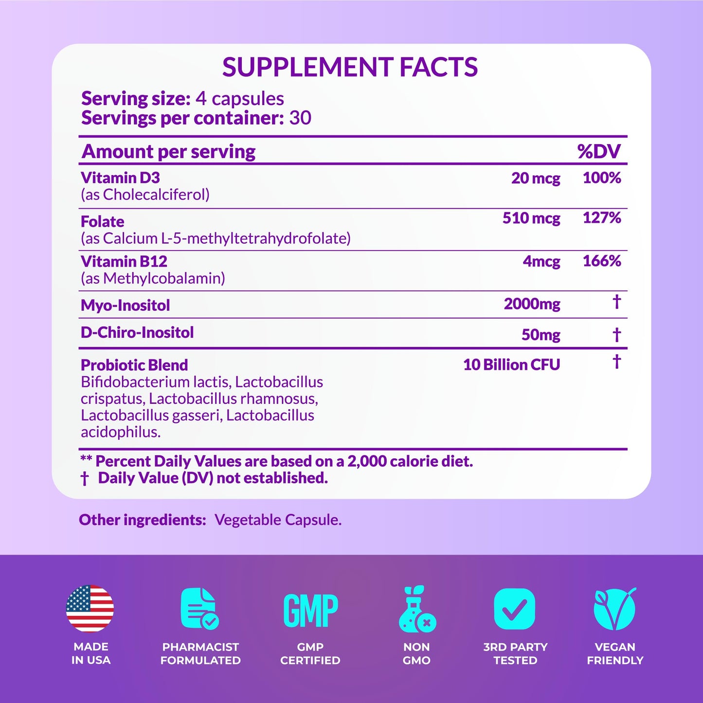 Hormone Balance for Women, Ovarian Support, Fertility, Menstrual Cycle, PCOS | Myo-Inositol & D-Chiro Inositol Supplement 40:1 Ratio w/Folic Acid for Hormonal Balance, B12 & Probiotics - 120 Count