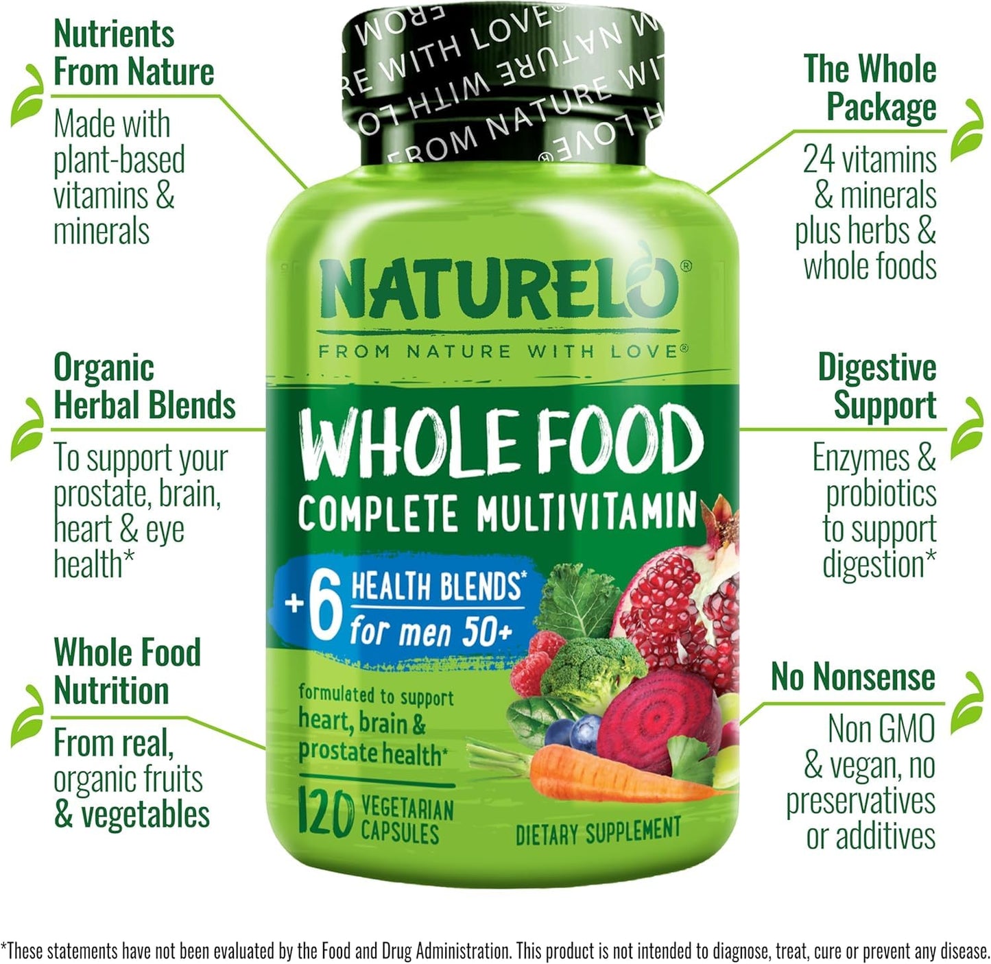 NATURELO Men’s 50+ Multivitamin – Vegan Brain & Heart Support 120 Ct