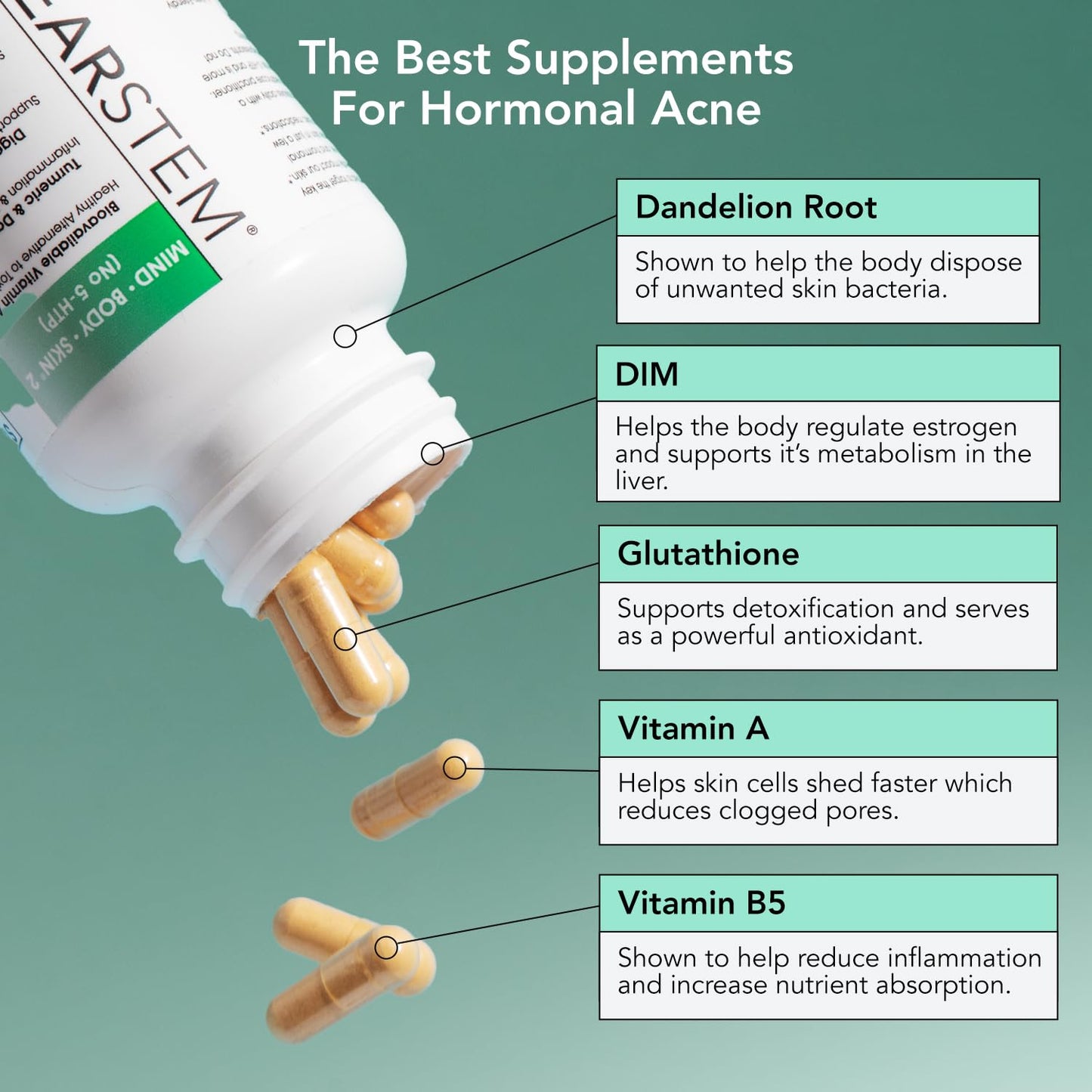 CLEARSTEM MINDBODYSKIN – Hormonal Acne Supplement, Vegan, 90 Ct