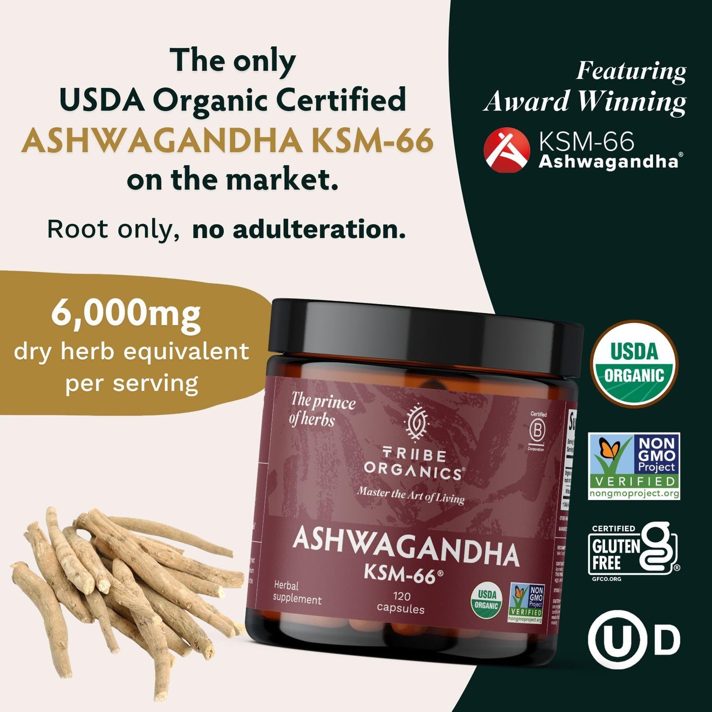 TRIBE ORGANICS Ashwagandha KSM 66 Pure Organic Root Powder Extract Ayurvedic Supplement - Focus, Mood Support, Increase Energy, Strength, 600mg of Natural KSM66 for Superior Absorption - 120 Capsules