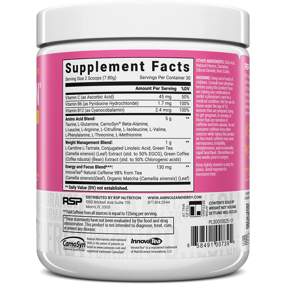 AminoLean Pre Workout – Energy & Weight Support, Pink Lemonade, 30 Ct