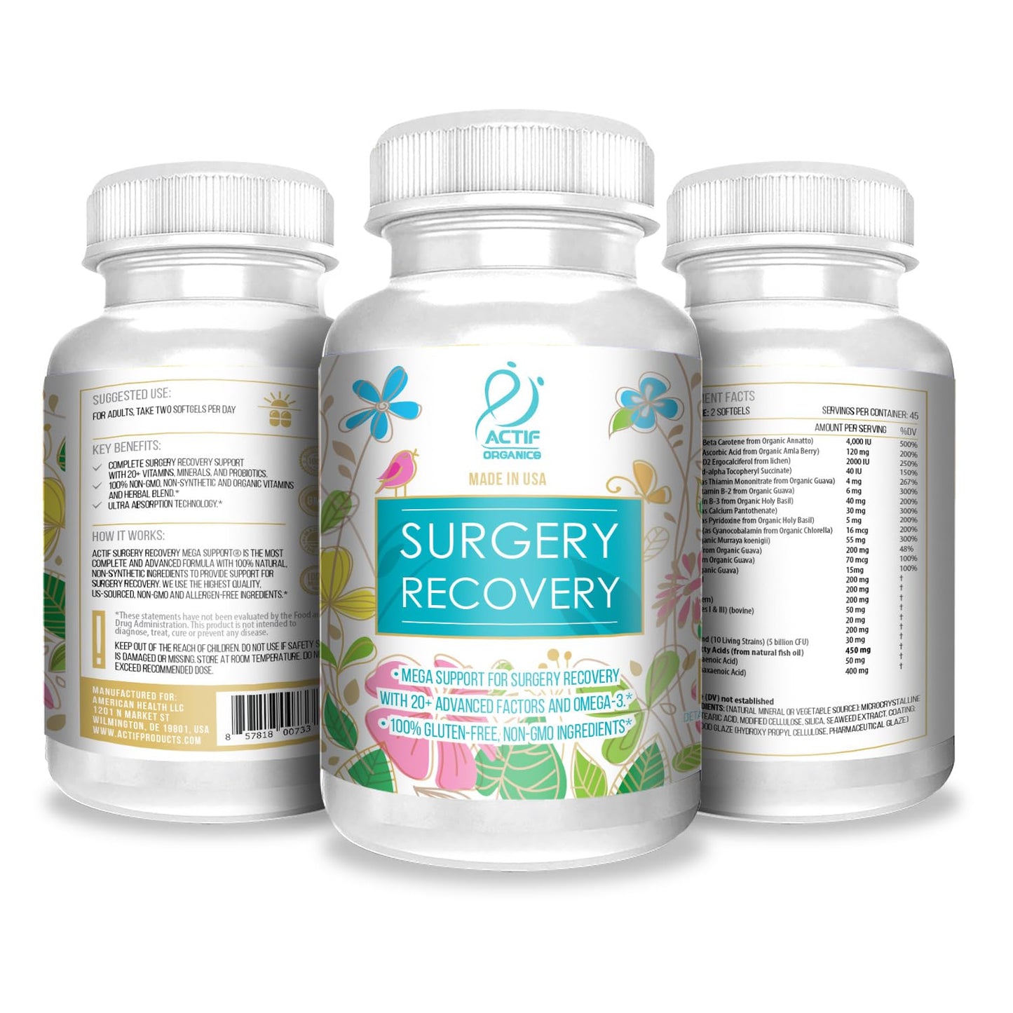 ACTIF Surgery Recovery Supplement with 20+ Advanced Factors and Omega-3 – Non GMO, Made in USA, 90 Count Double Chlorella Factor + Zinc